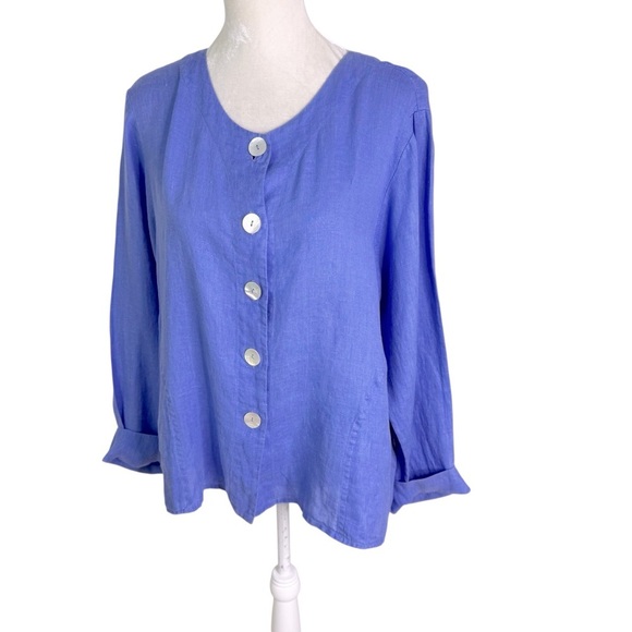 Flax Linen Button Front Jacket Top Periwinkle Blue Size M Relaxed Fit - Picture 8 of 10